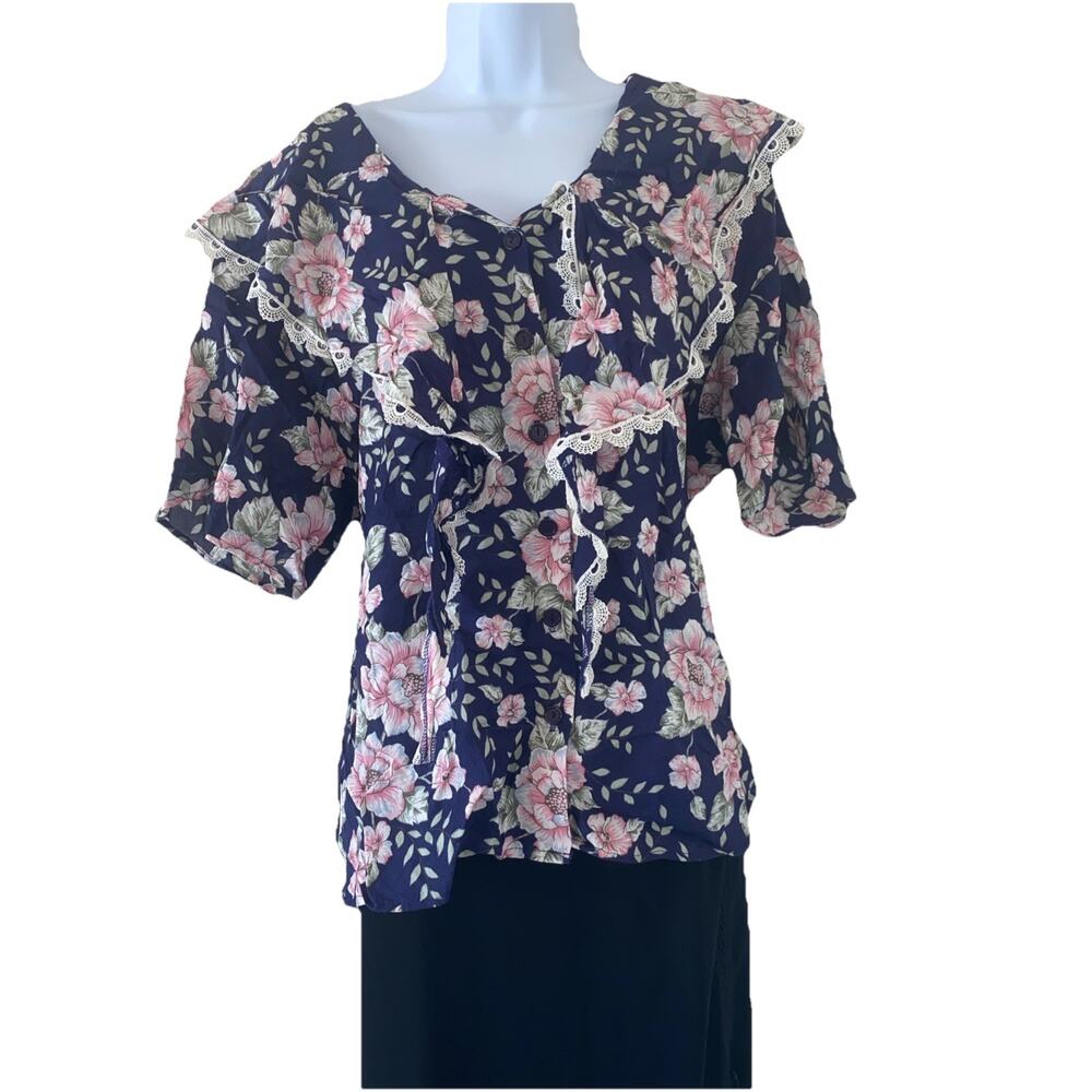 Vintage GP Collections Women M Prairie Blue Floral Button Up Blouse Top Stylish